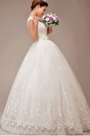 Satin and Tulle V-Neck Floor Length Ball Gown with Embroidered