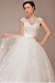 Satin and Tulle V-Neck Floor Length Ball Gown with Embroidered