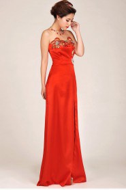 Satin Strapless Floor Length Column Dress with Embroidered