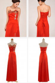 Satin Strapless Floor Length Column Dress with Embroidered