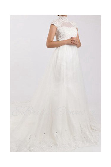 Lace High Collar Neckline Cathedral Train Mermaid Gown with Pearls