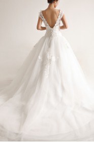 Organza Scoop Neckline Cathedral Train Ball Gown with Pearls