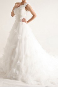 Net and Satin One Shoulder Cathedral Train Ball Gown with Handmade Flowers