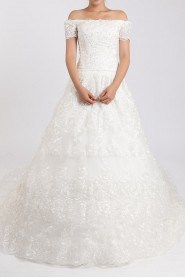 Lace Off-the-Shoulder Cathedral Train Ball Gown with Crystal