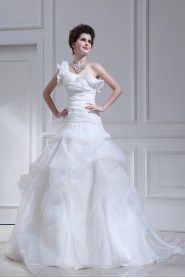Organza One Shoulder Cathedral Train Ball Gown with Handmade Flowers