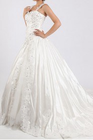 Net and Satin Straps Neckline Cathedral Train Ball Gown with Crystal
