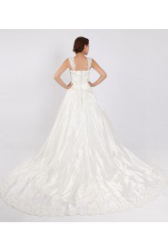 Net and Satin Straps Neckline Cathedral Train Ball Gown with Crystal