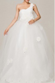 Satin One Shoulder Floor Length Ball Gown with Handmade Flowers