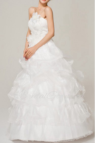 Satin Strapless Floor Length Ball Gown with Handmade Flowers