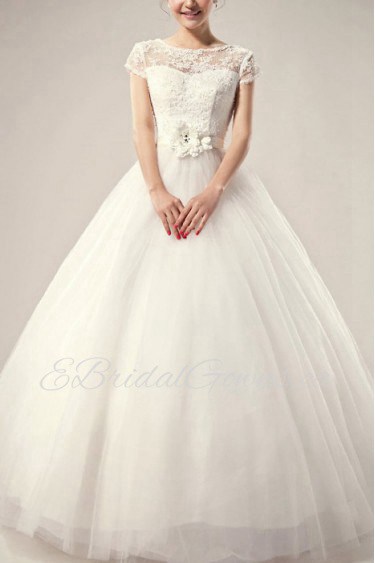 Satin Jewel Neckline Floor Length Ball Gown with Pearls