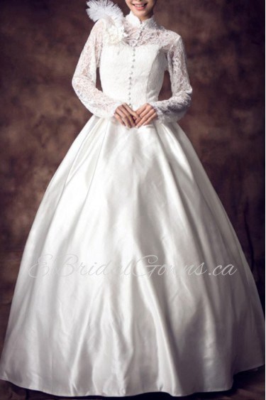 Lace High Collar Neckline Floor Length Ball Gown with Feather
