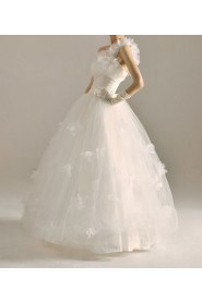 Net One Shoulder Floor Length Ball Gown with Handmade Flowers