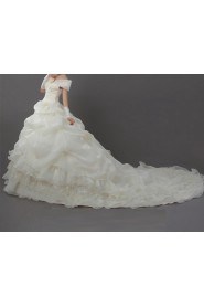 Satin Off-the-Shoulder Cathedral Train Ball Gown with Handmade Flowers