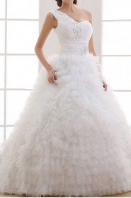Tulle One Shoulder Cathedral Train Ball Gown with Handmade Flowers