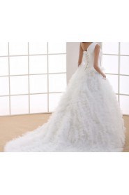 Tulle One Shoulder Cathedral Train Ball Gown with Handmade Flowers