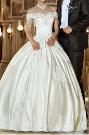 Satin Off-the-Shoulder Floor Length Ball Gown with Sequins
