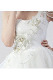 Net One Shoulder Floor Length Ball Gown Dress with Handmade Flowers
