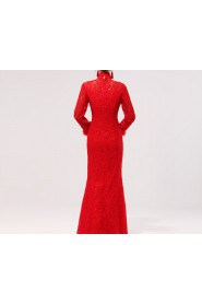 Lace High Collar Neckline Ankle-Length Mermaid Dress with Embroidered