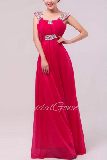 Satin and Chiffon Straps Neckline Floor Length Empire Dress with Sequins
