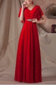 Chiffon and Lace V-neck Floor Length A-line Dress with Sequins