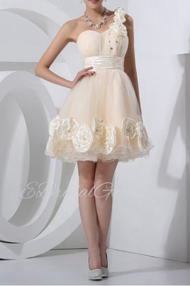 Tulle One Shoulder Short Dress with Handmade Flowers