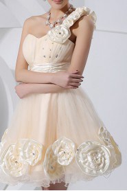 Tulle One Shoulder Short Dress with Handmade Flowers