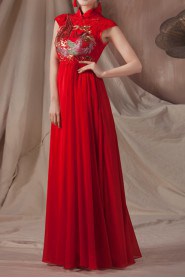 Satin High Collar Neckline Floor Length Empire Dress with Embroidered