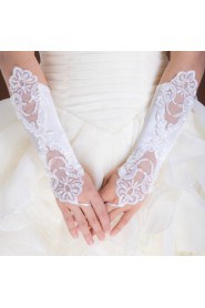 Satin Fingerless Elbow Length Wedding Gloves With Lace