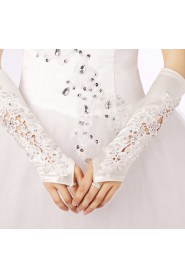Satin Fingerless Elbow Length Wedding Gloves With Lace Rhinestone