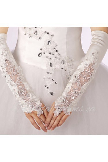 Satin Fingerless Opera Length Wedding Gloves With Lace Rhinestone