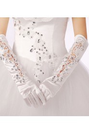 Satin Fingertips Elbow Length Wedding Gloves With Lace Rhinestone