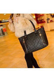 Women's PU Leather Quilted Check Pattern Twin Zipper Shoulder Bag Totes