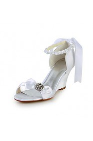 Graceful Satin Wedge Heel Sandals with Bowknot and Imitation Pearl Wedding Shoes(More Colors)