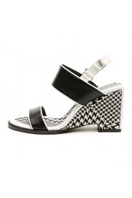 Women's Houndstooth Wedge Heel Leather Sandals (black and white)