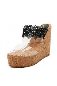Women's Shoes Leatherette Wedge Heel Wedges / Heels Sandals / Slippers Outdoor / Casual Black / White