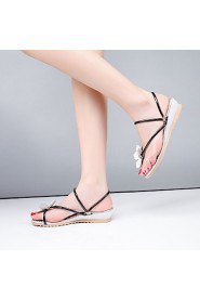 Women's Shoes Leather Wedge Heel Wedges / Toe Ring Sandals Outdoor / Dress / Casual Black / Silver