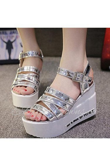 Women's Shoes Campagus Buckle Band Casual Wedge Heel Comfort Sandals Dress White / Silver