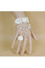 Retro White Flowers Lace Bow Pearl Bracelet Ring Set