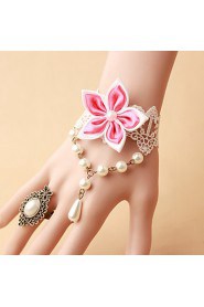 New Bride White Lace Pearl Flower Bracelet Ring Set