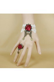 Gothic Retro Butterfly Lace White Wine Red Roses Bracelet Ring Set