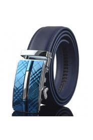 Men Blue Automatic Buckle Genuine Leather Wide Belt Waist Strap,Work/ Casual