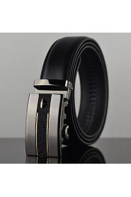 Men Simple Fashion Business Automatic Buckle Leather Wide Belt,Work/ Casual Black