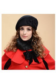 Women Tweed Cute Fashion Wool Beret Solid Color Flowers Hat