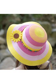 Women Flower Sunflowers Decorate Beads Striped Outdoor Travel Straw Hat