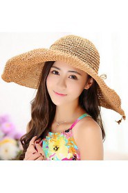 Millinery Pure Color Bow Straw Folding Beach Vacation Braid Hat