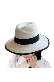 Women Straw Middle Brimmed Foldable Black and White Sun Hats