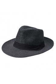 Unisex Ribbon Pinched Crown Rolled Trim Straw Hat
