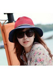Retro Bow Color Stitching Leather Buckle Large Brimmed Sun Hat