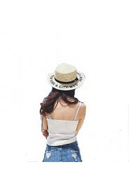 Women Summer Solid Middle Brim Letter Patchwork Bucket Hat Straw Sun Hat