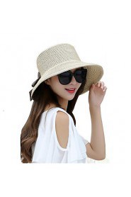 Women Summer Autumn Solid Straw Bowknot Middle Brim Foldable Straw Sun Hat